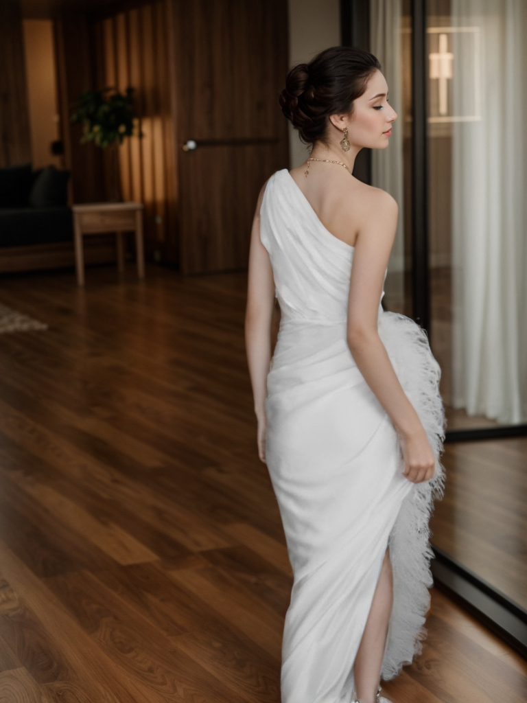 One shoulder Pleated bodice side slit silky satin prom dress Ostrich feather wedding dress SelenaHuanStudio