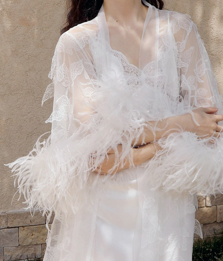 Ostrich Feather Sequin 3D Floral Lace Long Robe with Sequin Nightgown Set