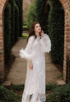 Ostrich Feather Sequin 3D Floral Lace Long Robe with Sequin Nightgown Set SelenaHuanStudio