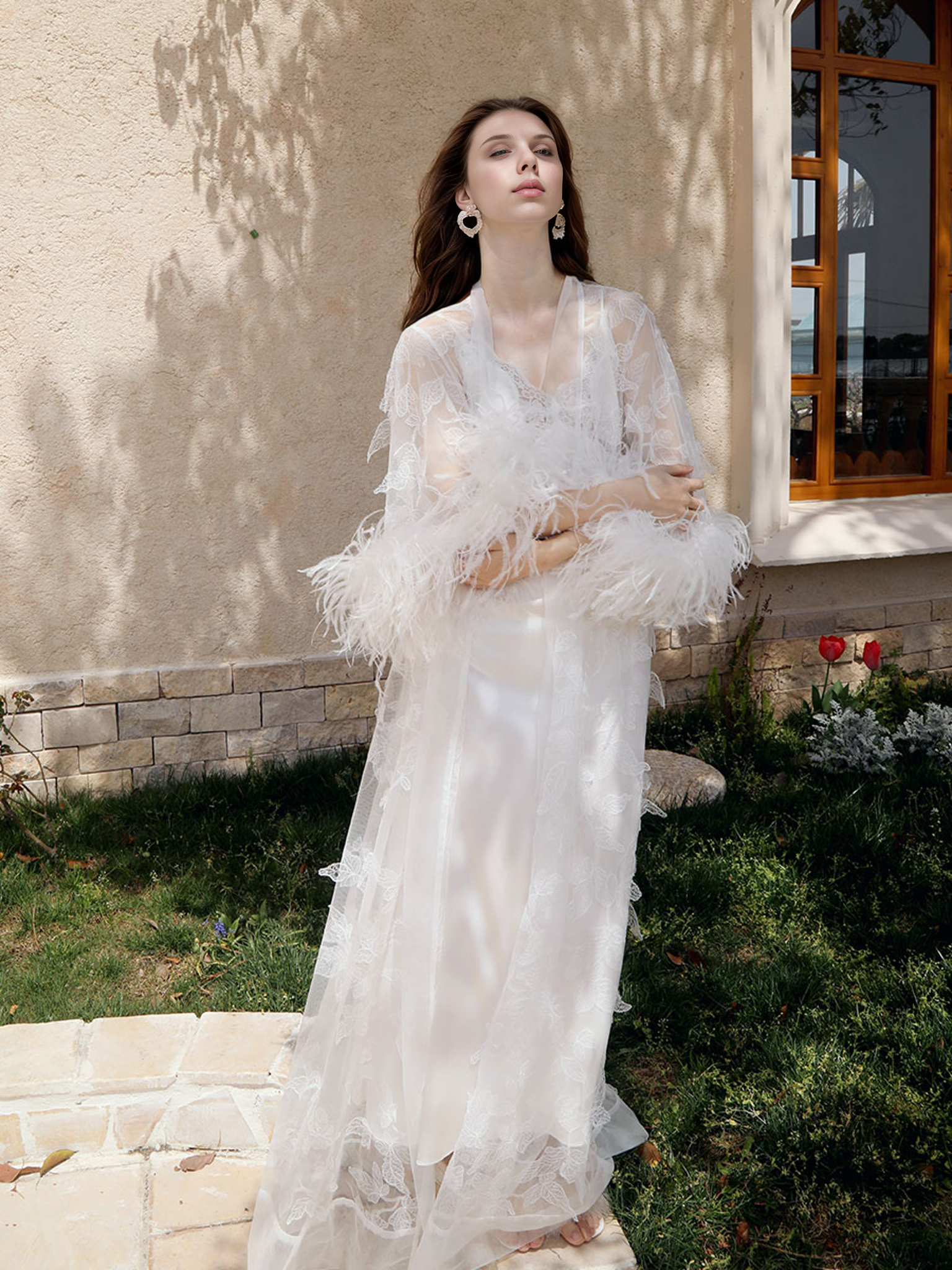 Ostrich Feather Sequin 3D Floral Lace Long Robe with Sequin Nightgown Set SelenaHuanStudio