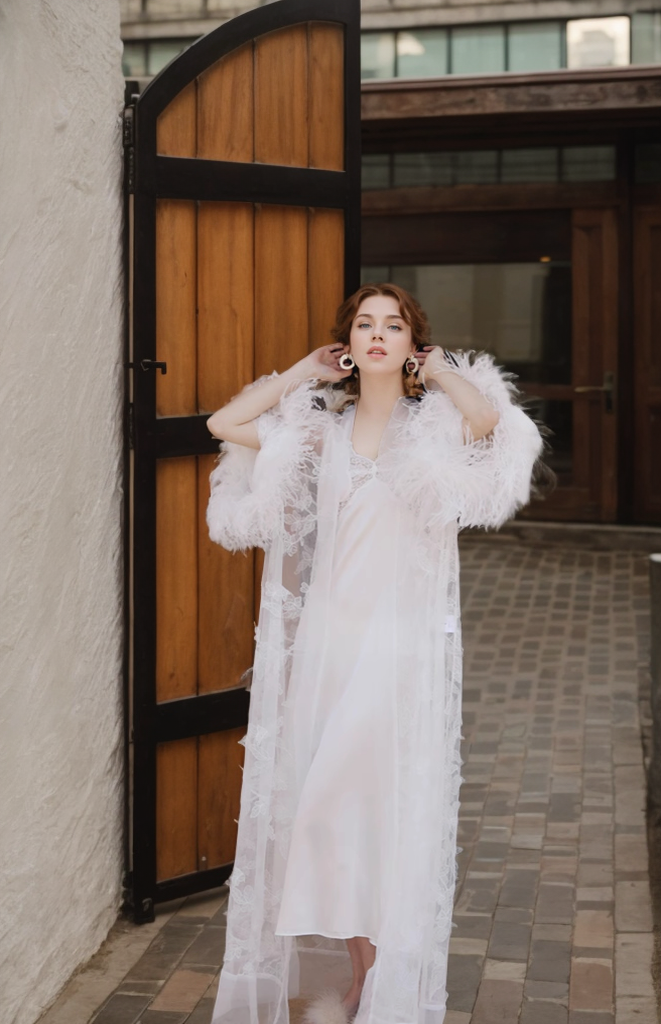 Ostrich Feather Sequin 3D Floral Lace Long Robe with Sequin Nightgown Set SelenaHuanStudio