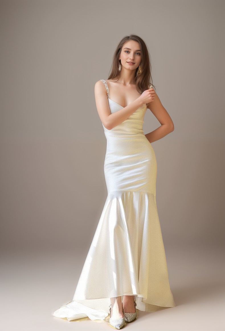 Goddess Style Pearl Beaded Spaghetti-straps Mermaid Satin wedding dress small train SelenaHuanStudio