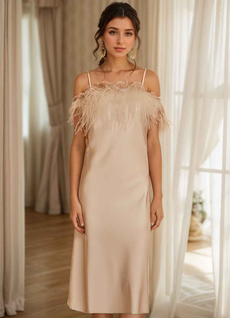 Luxury Ostrich Feather Silky Satin Long Nightgown SelenaHuanStudio