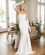 Elegant strapless front button design fit and flare middle slit simple silky satin wedding dress SelenaHuanStudio