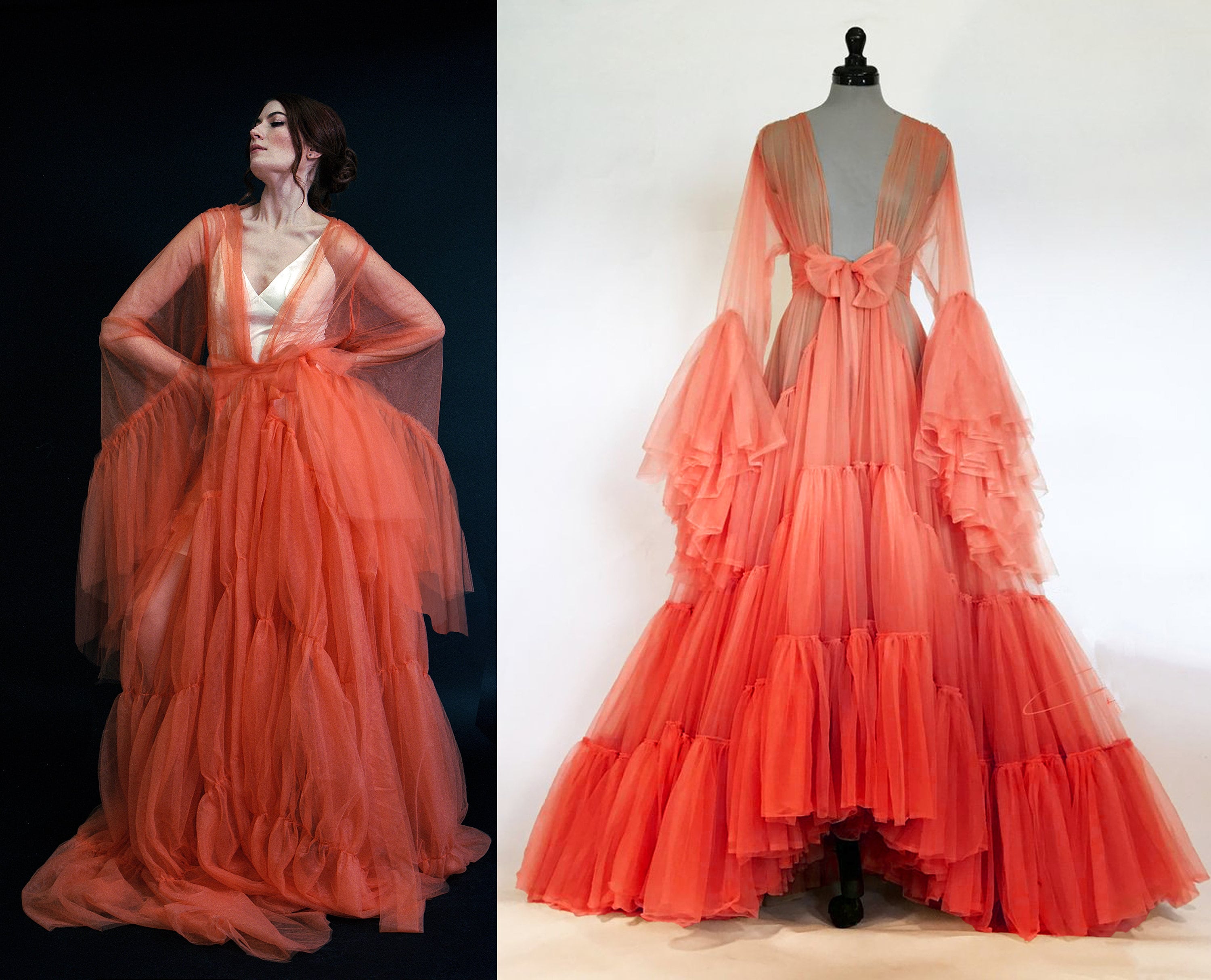 Tulle Ruffled Sleeves Layered Fringe Long Robe Dress SelenaHuanStudio