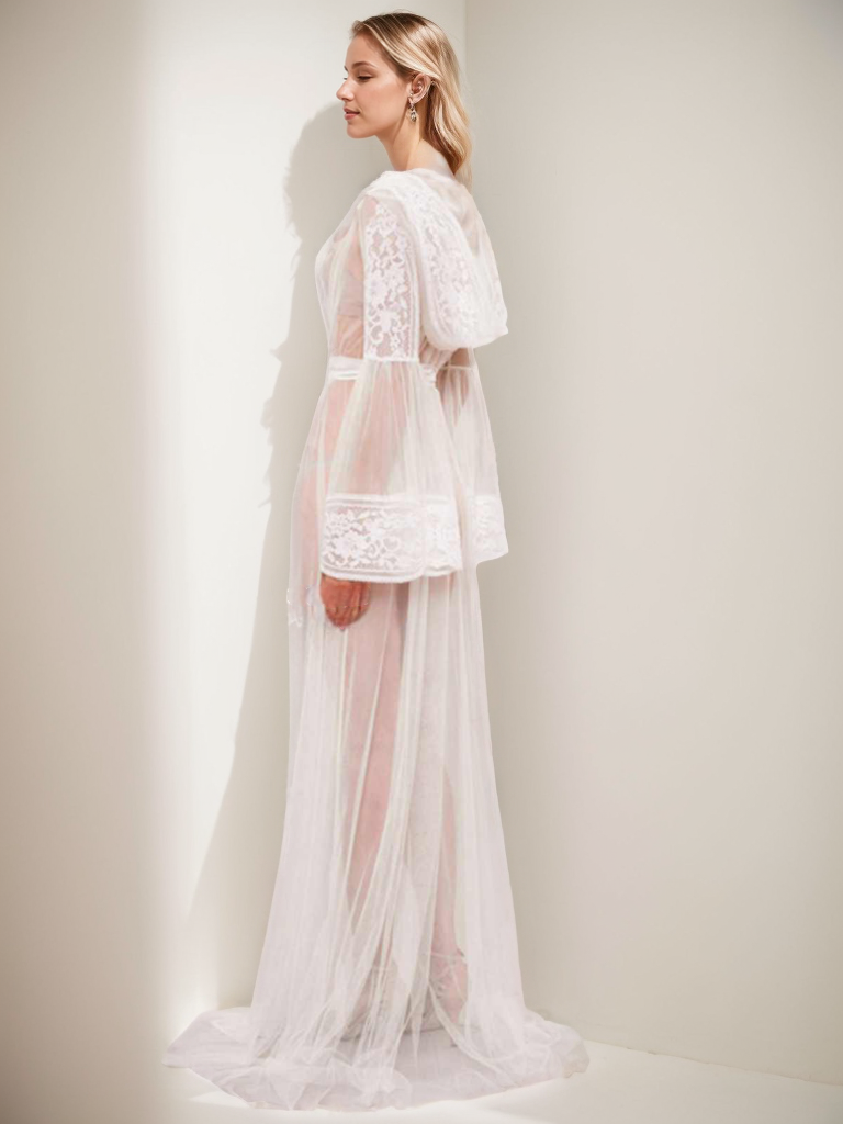 Romantic Sheer Lace Bridal Robe with cap and Bell Sleeves SelenaHuanStudio