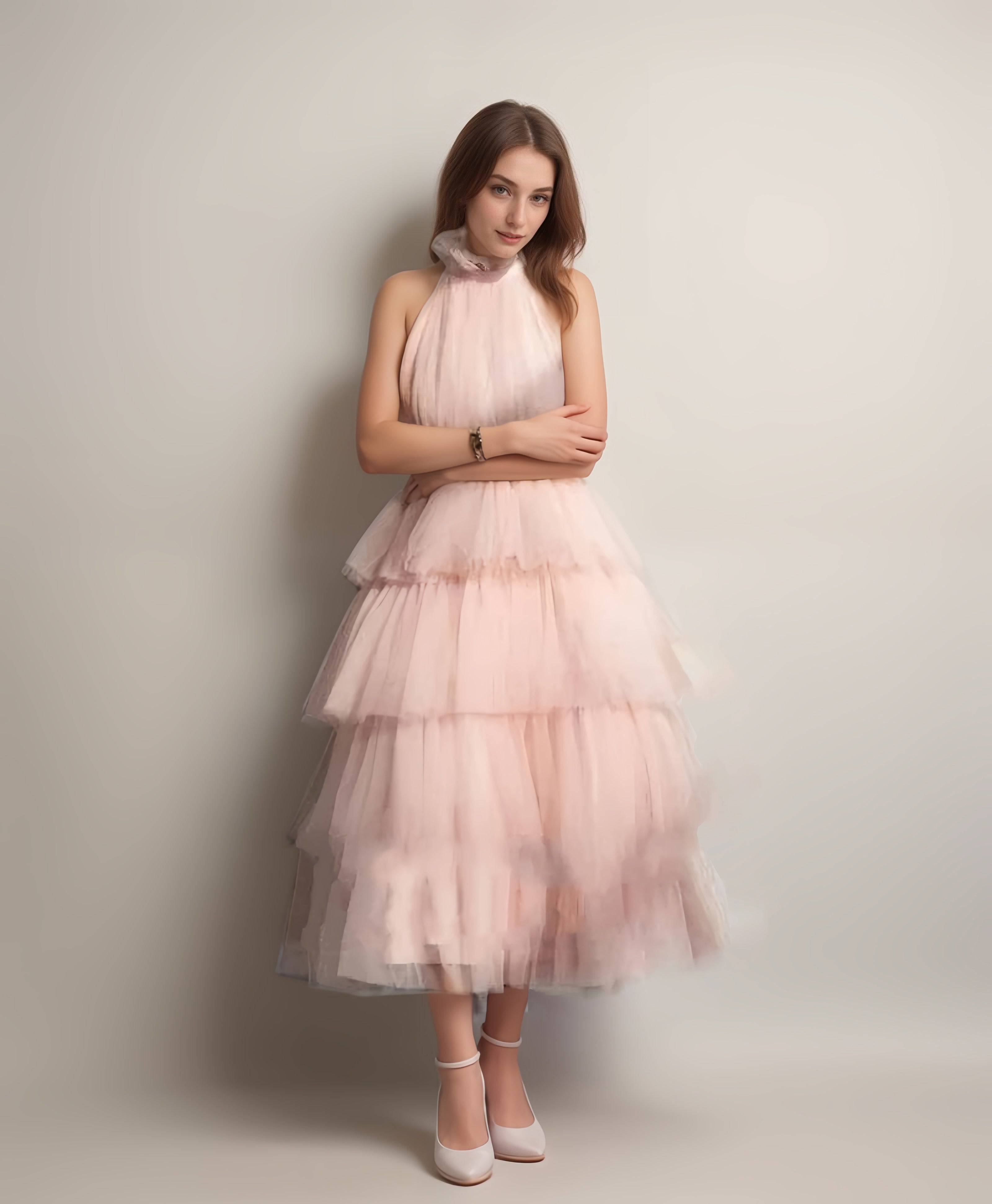 Ruffle Layered tulle Hem Haltered A-line tutu French style long prom dress