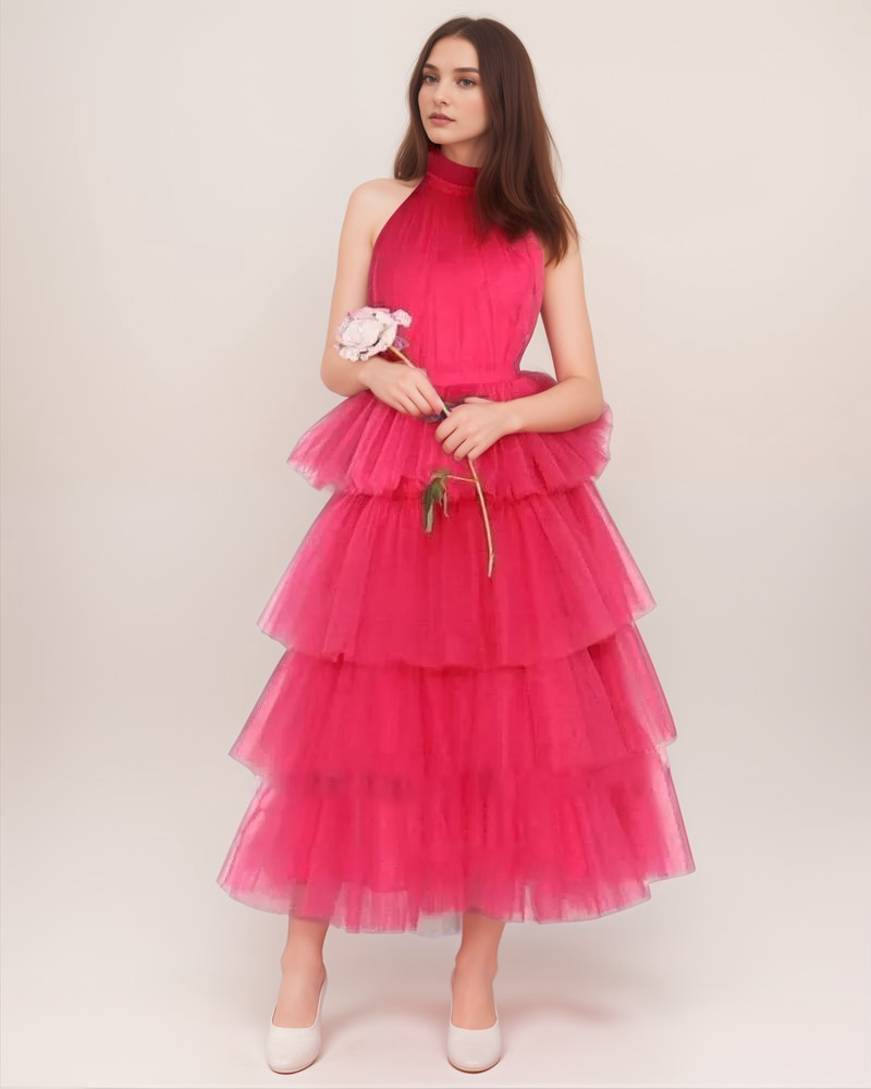 Ruffle Layered tulle Hem Haltered A-line tutu French style long prom dress SelenaHuanStudio