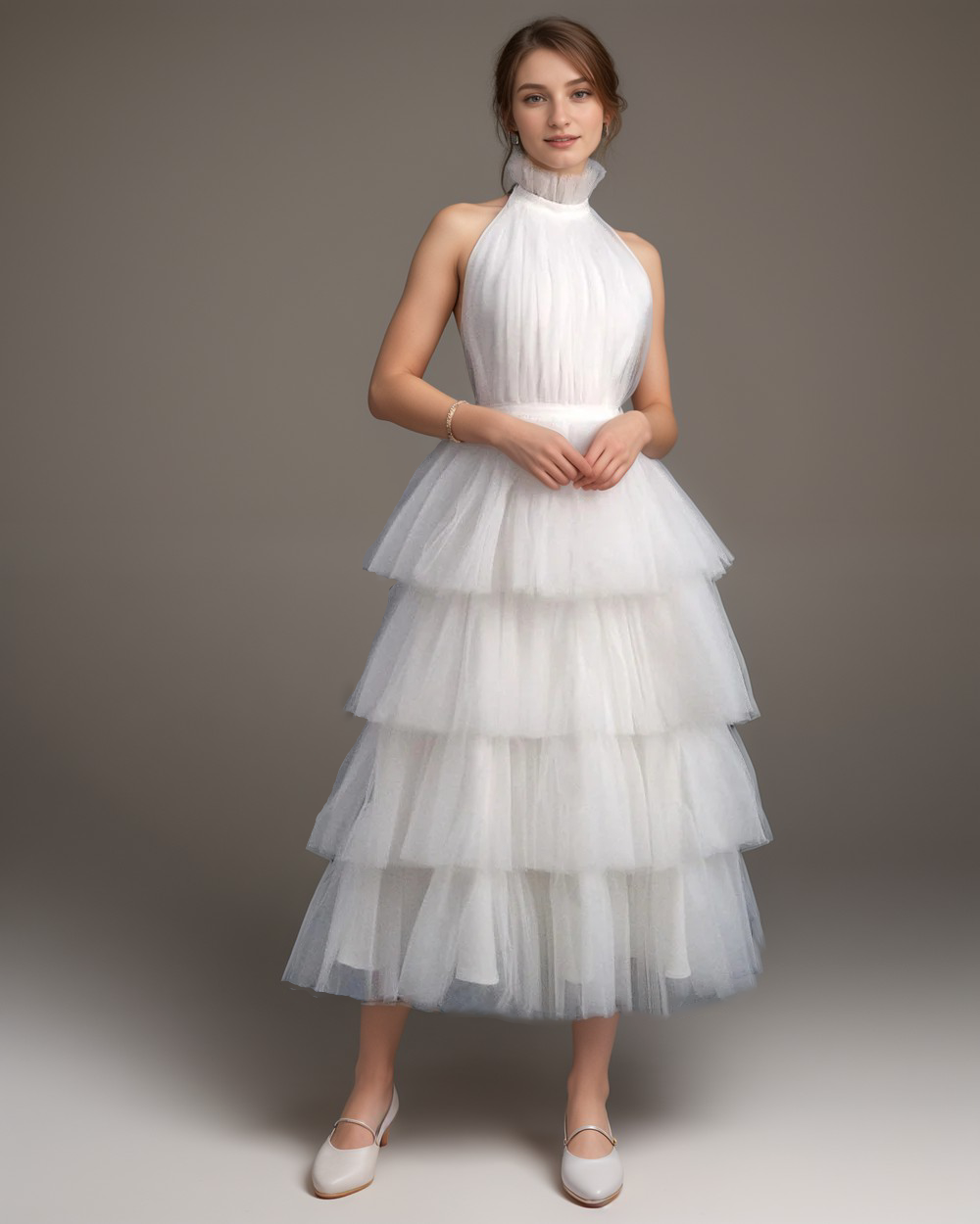 Ruffle Layered tulle Hem Haltered A-line tutu French style long prom dress SelenaHuanStudio