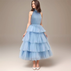 Ruffle Layered tulle Hem Haltered A-line tutu French style long prom dress SelenaHuanStudio