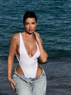 DEKA WomenSolid Deep V Neck One Piece Swimsuit Women Hollow Out White Swimwear Beach Bandage Bathing Suit Monokini Luxlife Brands