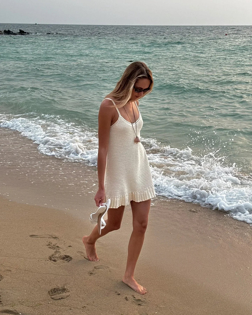 2025 Women Comfy Swimsuit Cover Up Seaside Holiday Club Dresses Sexy Crochet Halter V Neck Chic Ruffle Knit Beach Mini Dress K58 Luxlife Brands