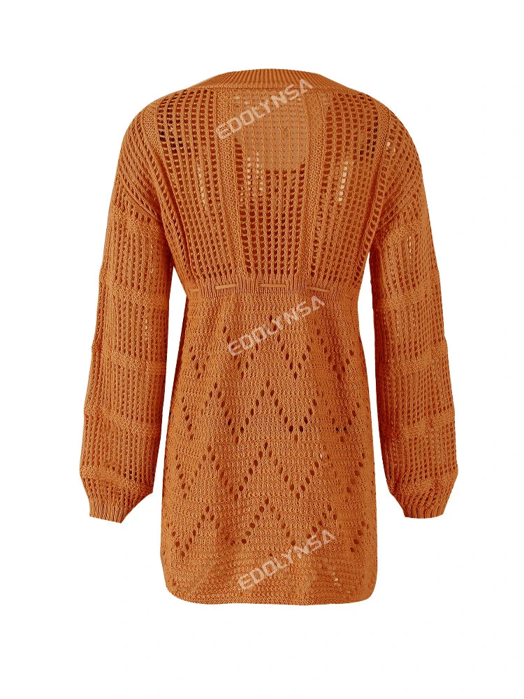 Sexy Deep V-neck Lace-up Bell Sleeve Knit Mesh Hollow Out Beach Mini Dress 2025 Summer Swimsuit Cover Up Women Casual Tunic K14 Luxlife Brands