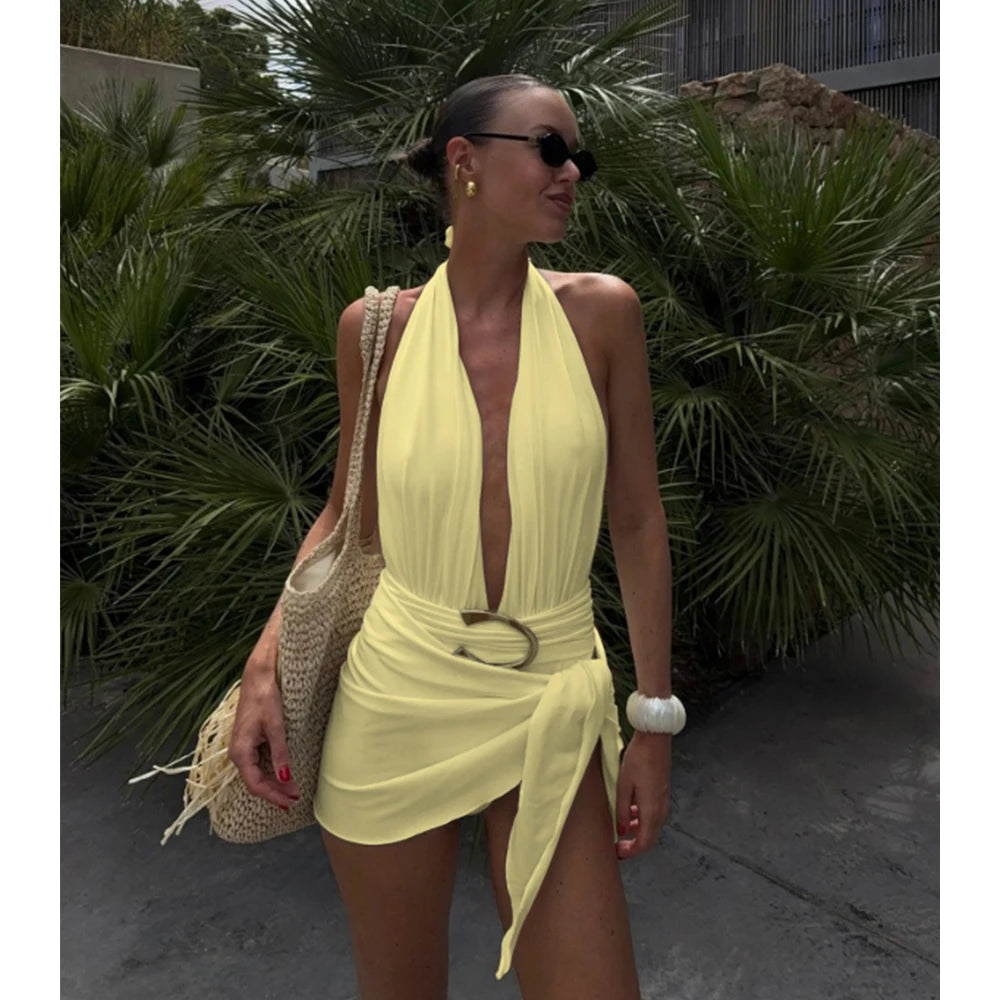 Two Pieces Micro Bikini 2025 Sexy Swimsuit Women Halter Swimwear Biquini Female Solid Bodysuit Bathing Suits Sarong Mini Skirt Luxlife Brands