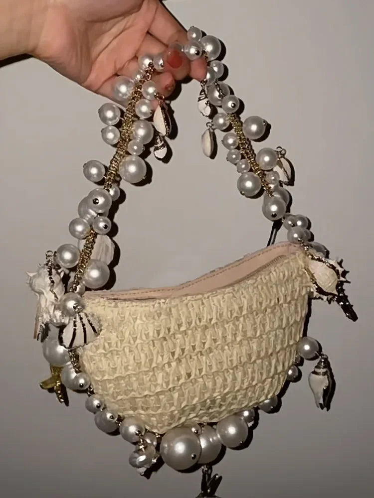 Lady Evening Bags For Women Luxury Designer Brand Handbags And Purses 2023 New In Papyrus Woven Chain Beaded Trim Shoulder Bag