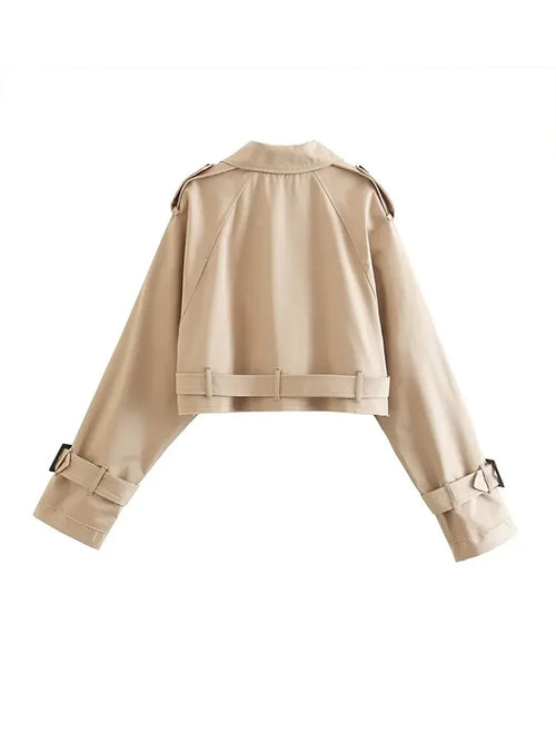Khaki Cropped Trench Women Long Sleeves Cropped Design Jacket Chic Lady High Street Casual Loose Coats Top Female 2023 New LUXLIFE BRANDS
