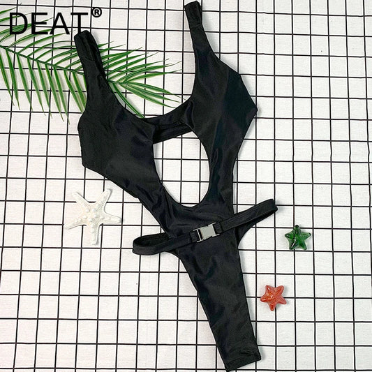 DEAT Fashion Women's New Hollow Out Lace Up One-piece Swimsuit High Elasticity Beach Vacation Style Bikini Female Trend 11A04793