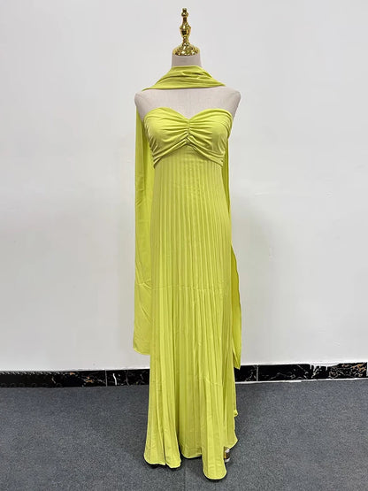 ONEINALL Solid Wedding Evening Long Dresses For Women Strapless Sleeveless Backless High Waist Elegant Folds Dress Female Summer