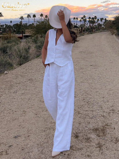 Clacive Summer White Linen Two Piece Set For Women 2023 Fashion Sleeveless Tank Top New In Matching High Waist Wide Pants Set LUXLIFE BRANDS