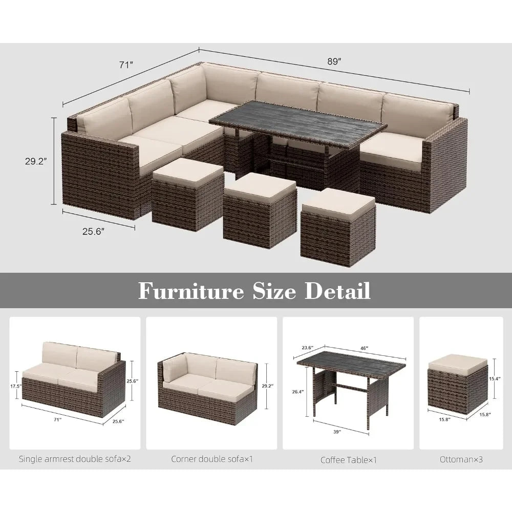 Outdoor Furniture Patio Sectional Sofa, 7 Piece Patio Furniture Set,  All Weather PE Rattan Outdoor set with Cushions and Table