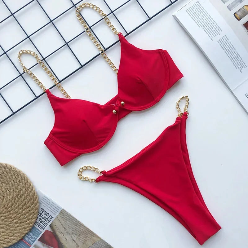 Sexy Metal Chains String High Cut One Piece Swimsuit Women Swimwear Female Monokini Tummy Cut Out Bathing Suit Swim Beach Wear Luxlife Brands