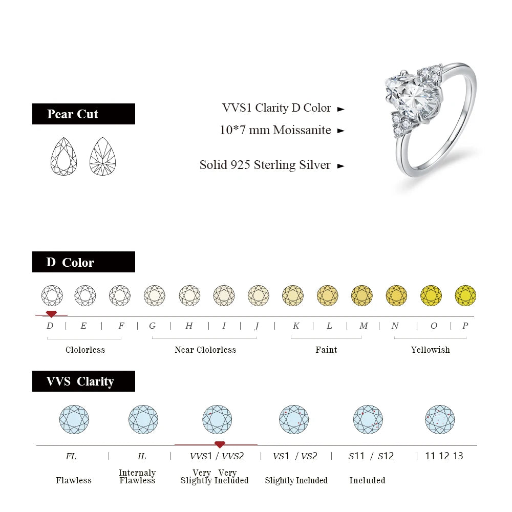 ATTAGEMS New Solid S925 Sliver 2.0ct Moissanite Rings for Women D VVS1 Pear Shape Diamond Engagement Wedding Fine Jewelry Gift