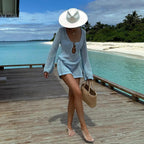 2025 Sexy See-through Solid Knit V-neck Hollow Out Beach Mini Dress Summer Women Holiday Beachwear Swimsuit Cover Up Tunic A2862 Luxlife Brands