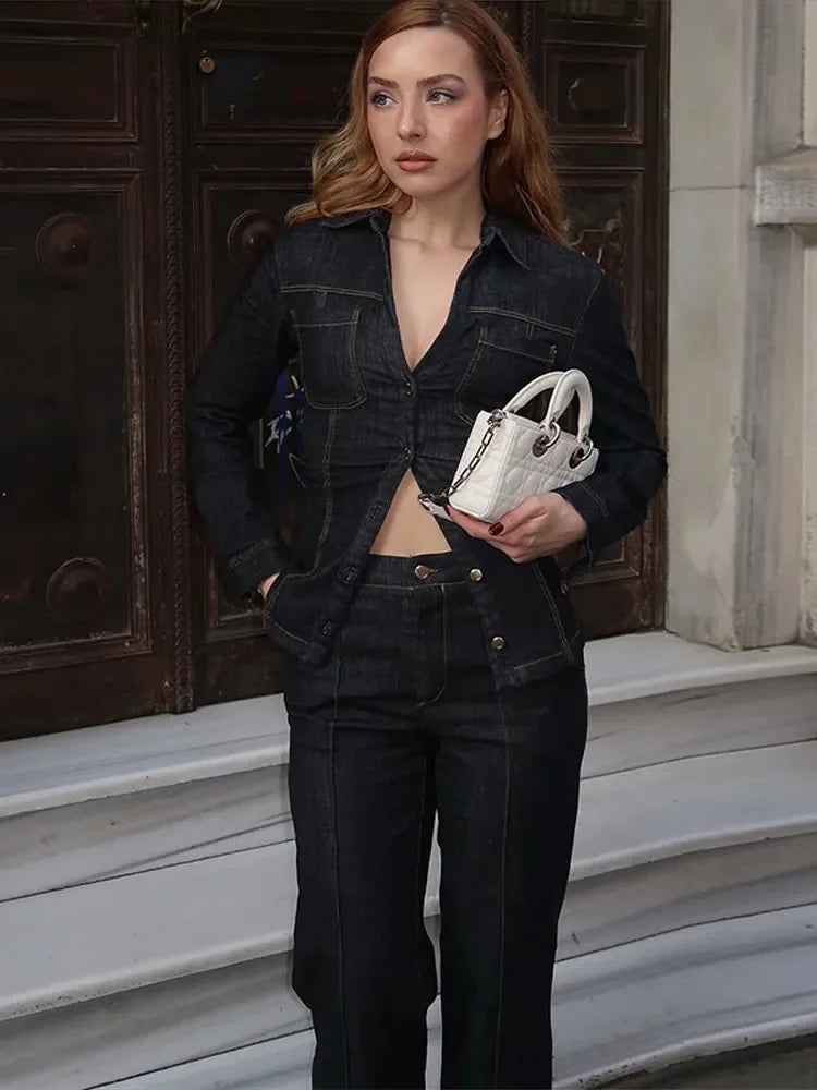 Street Vintage Denim Pants Sets Women Slim Long Sleeve Lapel Single Breasted Jacket Straight Trousers 2025 Spring Lady Outfits