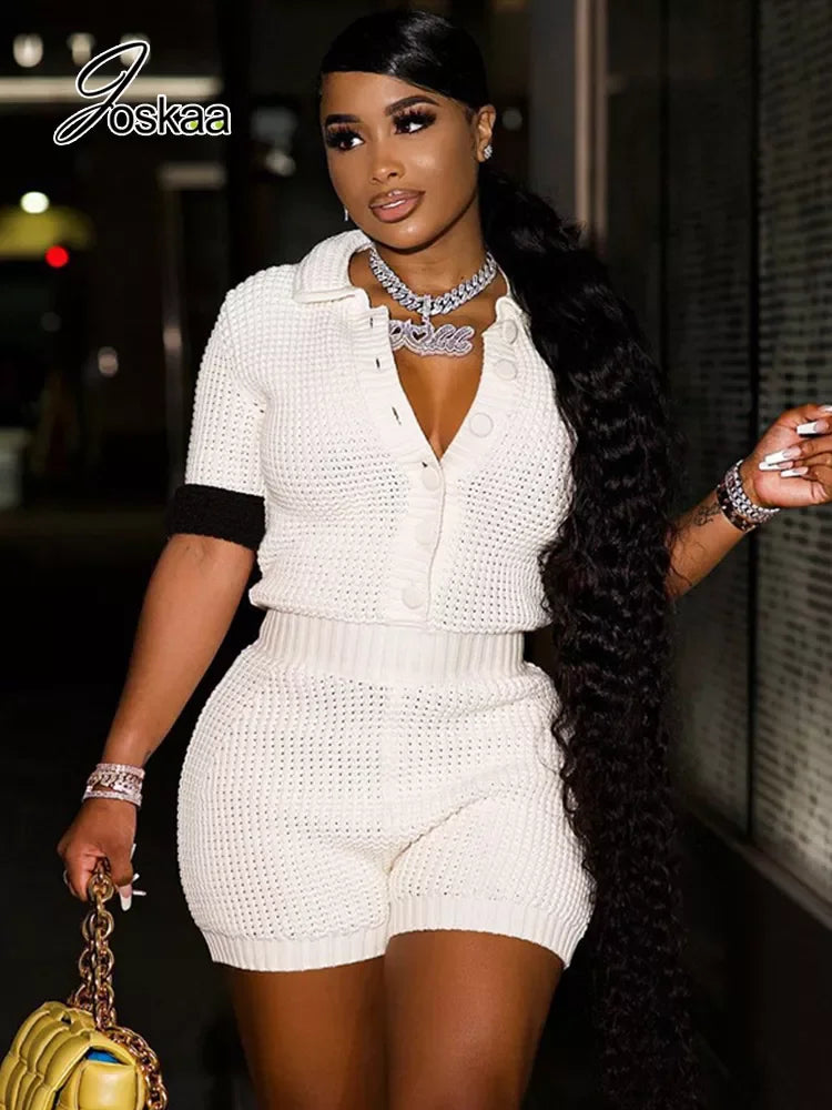 Joskaa Contrast Color Lapel Short Sleeve White Playsuits Women Single Breasted Bodycon Rompers Fall Fashion Overalls Streetwear LUXLIFE BRANDS