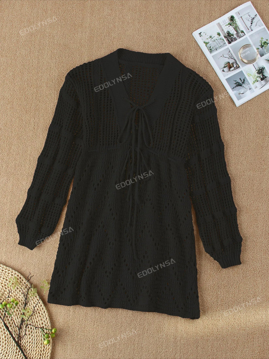 Sexy Deep V-neck Lace-up Bell Sleeve Knit Mesh Hollow Out Beach Mini Dress 2025 Summer Swimsuit Cover Up Women Casual Tunic K14 Luxlife Brands