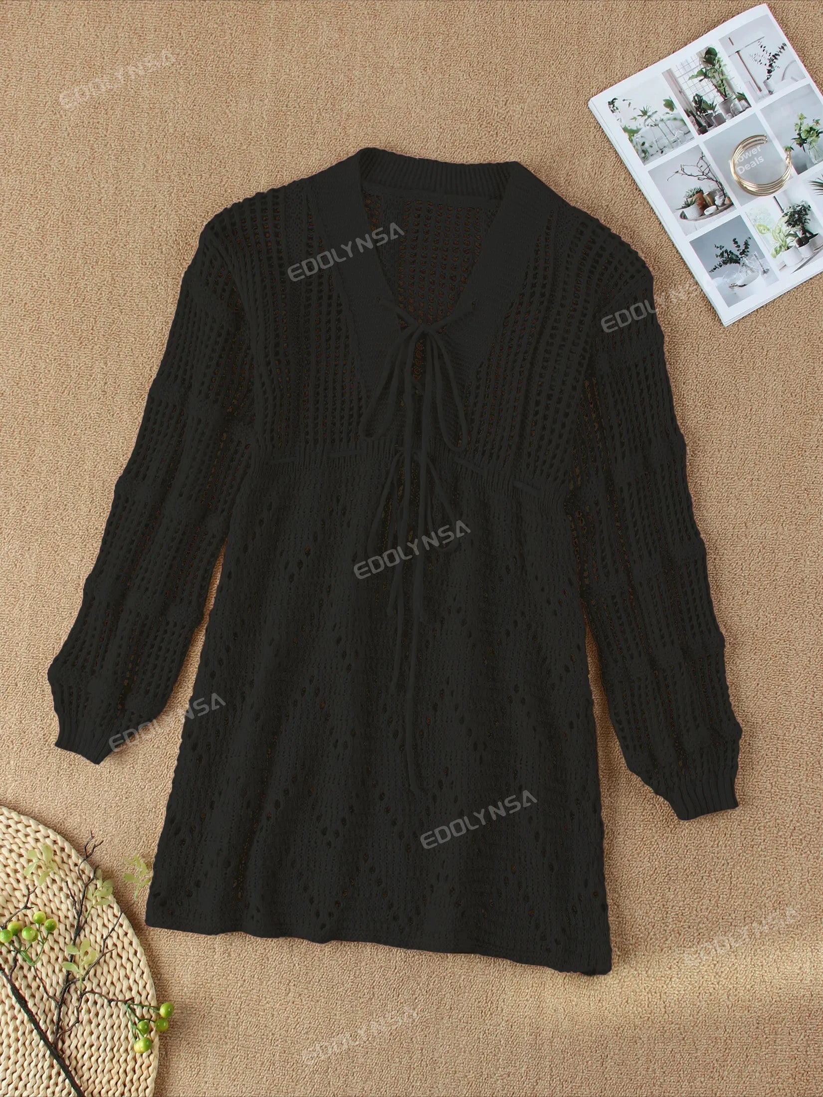 Sexy Deep V-neck Lace-up Bell Sleeve Knit Mesh Hollow Out Beach Mini Dress 2025 Summer Swimsuit Cover Up Women Casual Tunic K14 Luxlife Brands