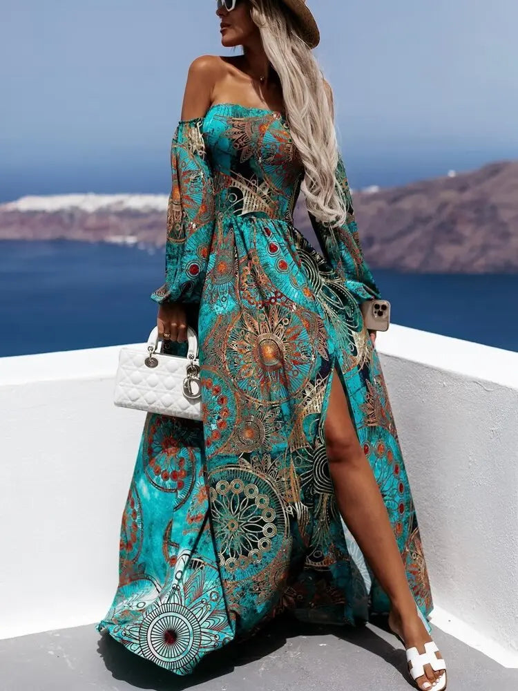 Summer Slash Neck Off Shoulder Long Dress Fashion Lady Vintage Print Waisted Dress Elegant Backless Long Sleeves Slit Maxi Dress