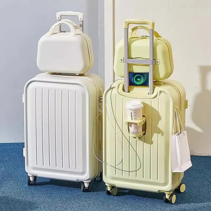 Large Pastel Suitcase With USB Charging Port & Cup Holder