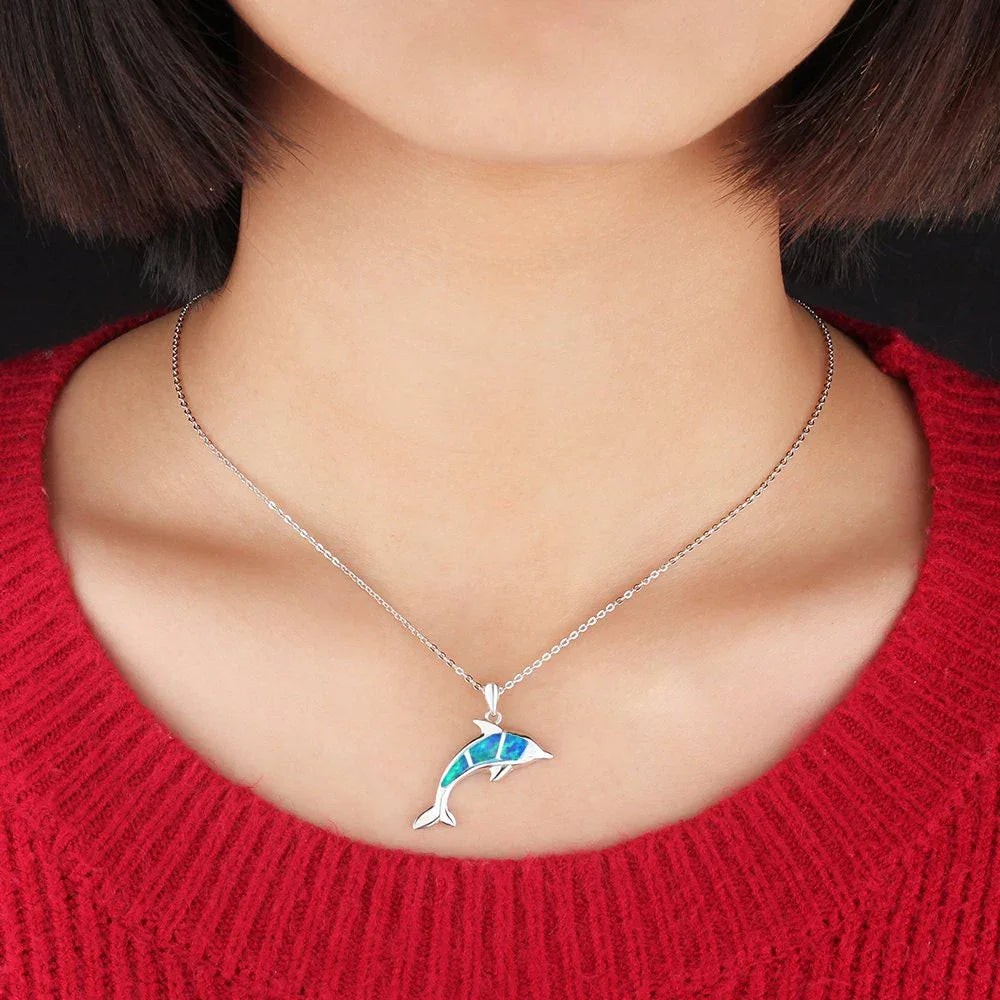 Boho Fashion Sea Animal Dolphin Pendant Necklace for Women Girl Inlay Imitation Blue Opal Necklace Wedding Party Jewelry Luxlife Brands