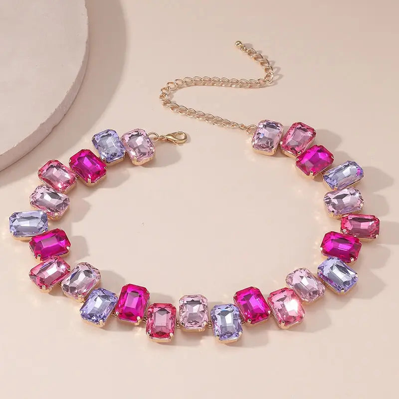 FYUAN Luxury Square Pink Colorful Crystal Choker Necklaces for Women Geometric Clavicle Chain Necklaces Party Wedding Jewelry