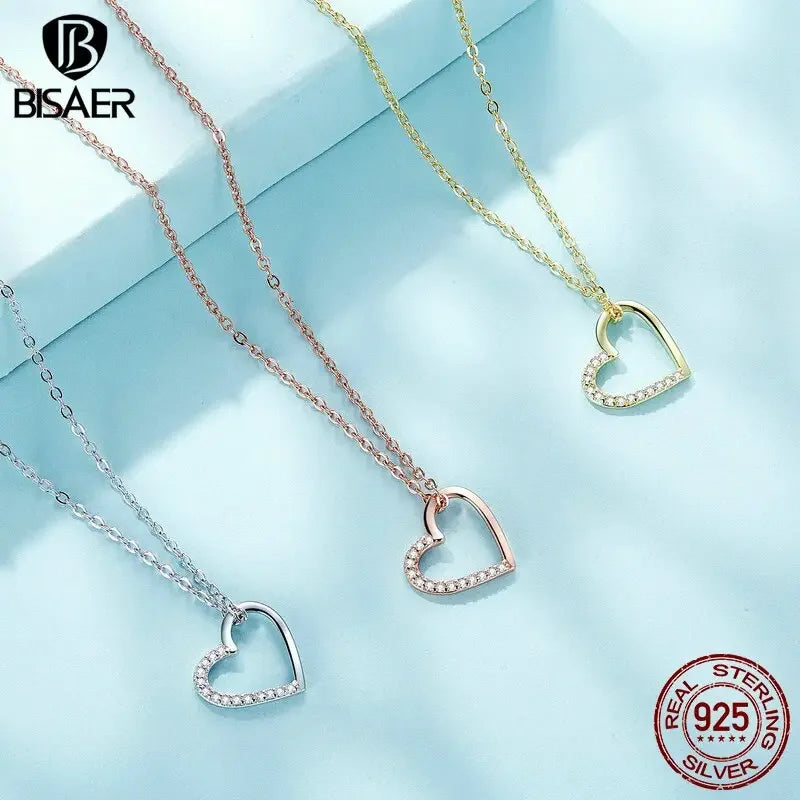 BISAER 925 Sterling Silver Simple Love Heart Pendant Necklace Zircon Adjustable Chain For Women Wedding Fine Jewelry 3 Colors