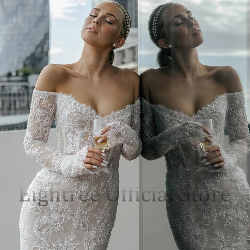 Eightree Elegant Mermaid Wedding Dresses Boho Long Sleeves Lace Bridal Dress White Backless Evening Wedding Gowns Custom Size LUXLIFE BRANDS