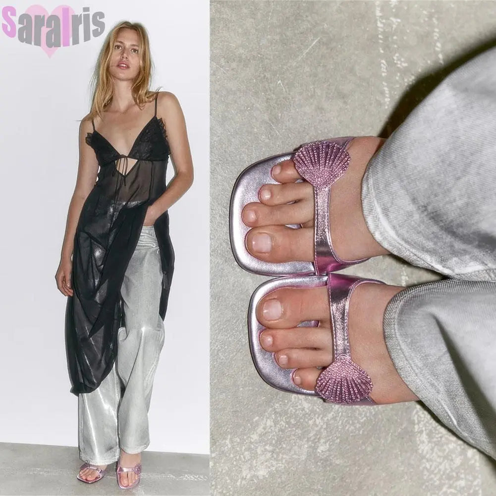 Brand Summer Women Sandals Shiny Open Toe Kitten Heels Metallic Sandals Pink Mule Fashion Slide Casual Plain Elegant Shoes Woman