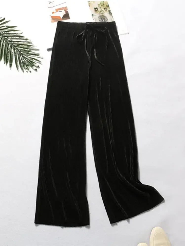 Summer Wide Leg Pants For Women Casual Elastic High Waist 2020 New Fashion Loose Long Pants Pleated Pant Trousers Femme
