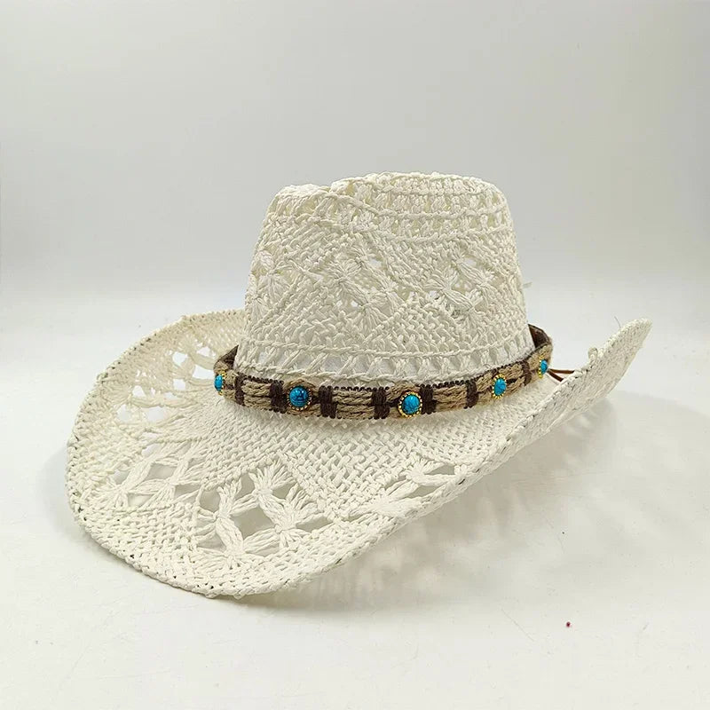 Hand-woven hollow denim straw hat men's and women's summer sunscreen hat western cowboy straw hat sombrero mujer sombrero hombre