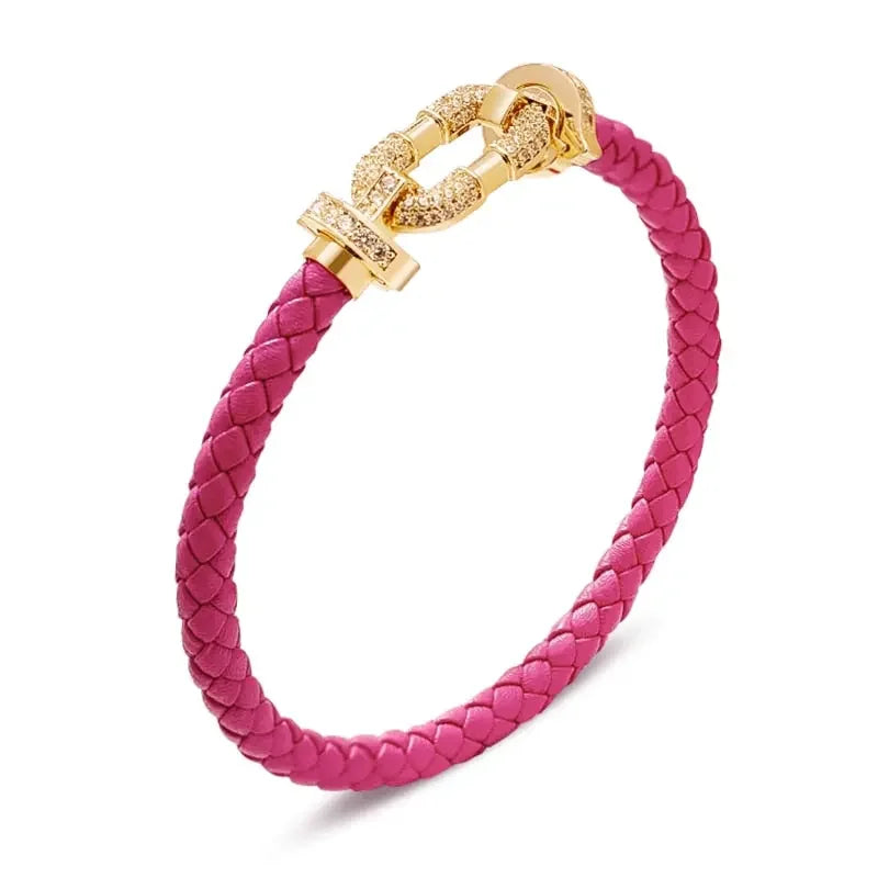 MOONLIGHT Women's Trendy Round Metal Brand Genuine Braided Leather Bracelet Cubic Zirconia Bracelet Female Jewelry Accessories