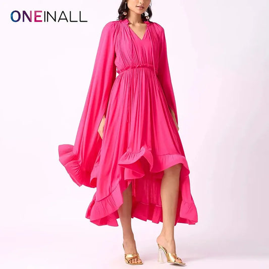 ONEINALL Solid Loose Dresses For Women Stand Collar Cloak Sleeves High Waist Spliced Ruffles Folds Maxi Dress Female Summer New