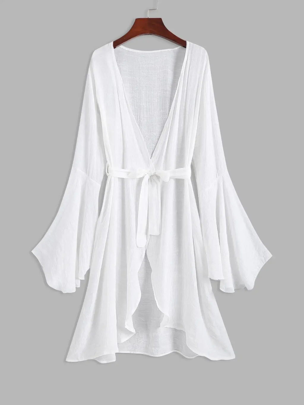 ZAFUL Bell Sleeve Belted Longline Swimsuit Cover Up Beach Dress Sexy Bathing Cover Pure Color Female Casual Robe