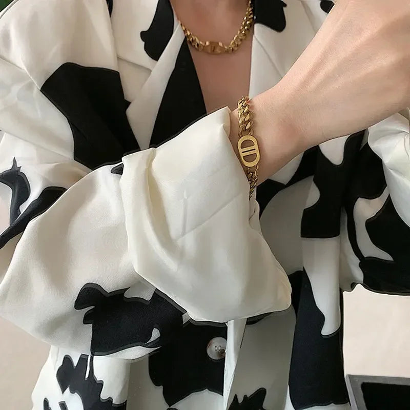 Cocoguchi golden color Thick Letter  Titanium Steel Necklace & Bracelet for Women four sealsonal wearage popular fashion jewelry LUXLIFE BRANDS