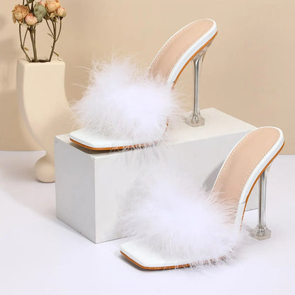 Women Rabbit White Fur Clear PVC Slippers Square Toe Stilettos Slides Transparent Crystal High Heels Sandals Mules Glass Heels