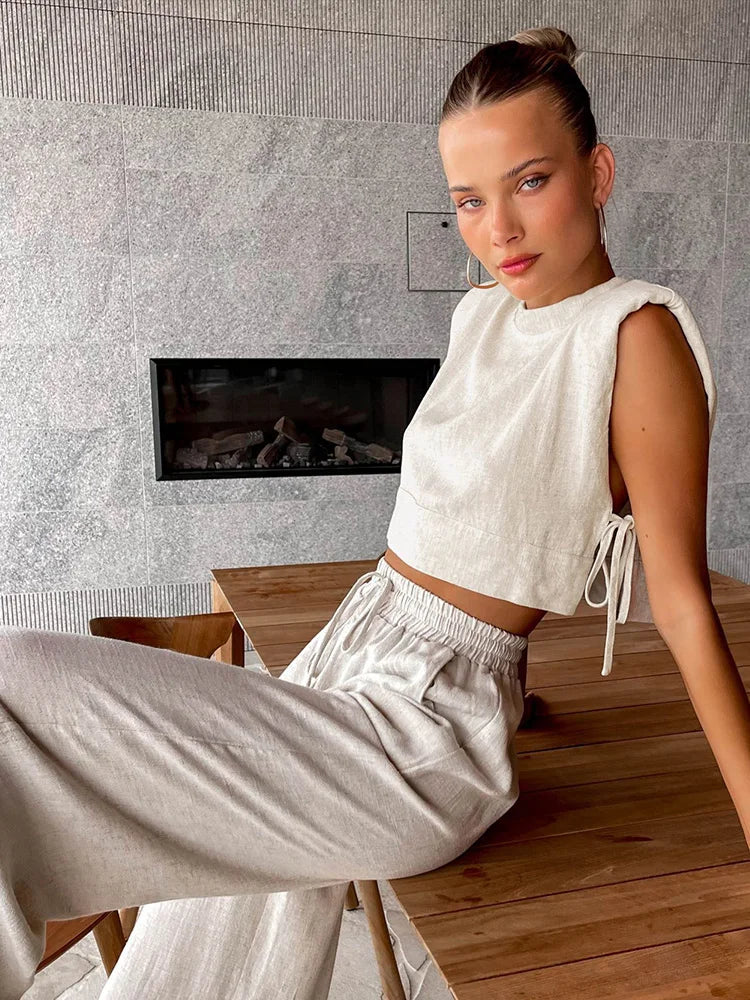 Spring Summer 2023 Women Holiday Linen Pant Set Crop Tops Solid Outfits 2 Two Piece Matching Set For Women