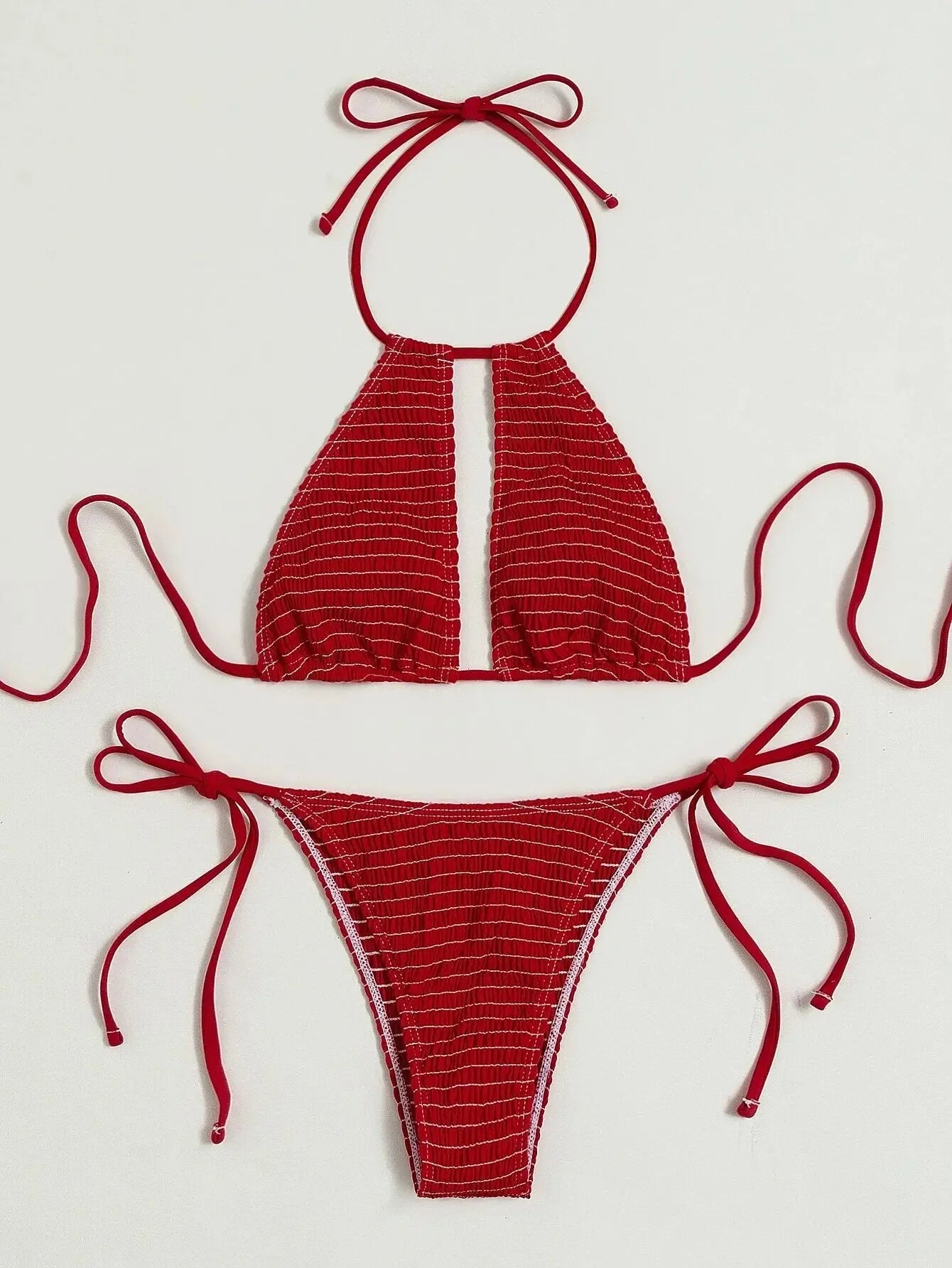 Smocked Halter Tie Side Bikini Swimsuit Women Two Piece Swimwear 2023 Bikini Set Summer Beach Bathing Suit Biquini