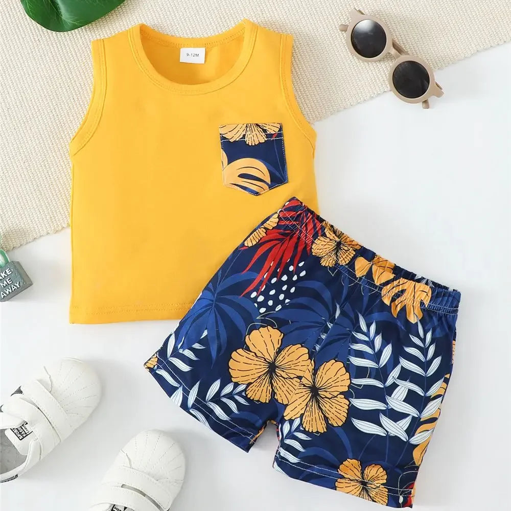 3-24 Months Infant Baby Boy Clothes Set Summer Sleeveless Pocket T-shirt Shorts 2PCS Toddler Boy Casual Outfit Suit Beach Set