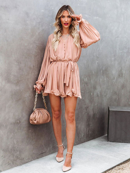 Elegant Solid Lace-up V-neck Button Ruffle Skirt 2023 New Autumn Winter Women Clothes Sexy Long Sleeves Party Mini Dress A1750