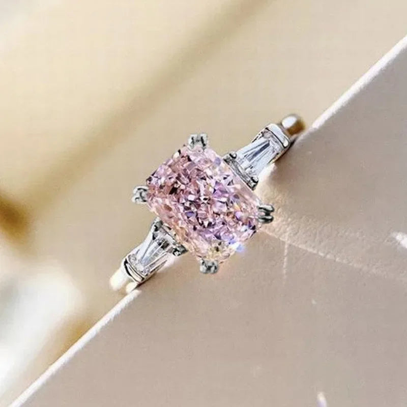 Square Pink Cubic Zirconia Wedding 925 Sterling Silver Rings for Women Romantic Bridal Marriage Party Rings Fashion Jewelry